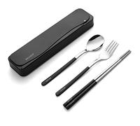 DEVICO Ustensiles de voyage avec étui, 4 pièces d'argenterie portables pour le travail, couverts réutilisables en acier inoxydable 18/8, cuillère coréenne et baguettes, fourchette pour camping, école