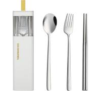 DEVICO Ustensiles de voyage avec étui, ensemble d'argenterie réutilisable en acier inoxydable pour boîte à déjeuner, kit de couverts portable comprenant fourchette, cuillère, baguettes (blanc)