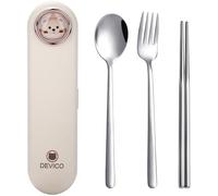 DEVICO Ustensiles de voyage avec étui, mignon, argenterie réutilisable pour le déjeuner, ensemble de couverts portables, en acier inoxydable 18/8, fourchette, cuillère, baguettes dans un étui de