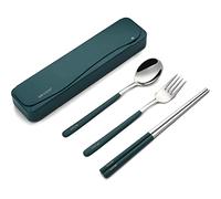 DEVICO Ustensiles de voyage en acier inoxydable 18/8 - Portable et réutilisable - Ensemble de couverts de camping - 4 pièces - Fourchette, cuillère, baguettes avec étui (vert foncé)