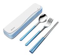 DEVICO Ustensiles de voyage, ensemble de 4 couverts réutilisables en acier inoxydable 18/8 portables pour le camping, comprenant fourchette, cuillère, baguettes avec étui (Bleu)