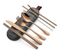 DEVICO Ustensiles portables, 8 pièces avec couteau, fourchette, cuillère, baguettes, brosse de nettoyage, pailles, étui portable, couverts en acier inoxydable (or rose)