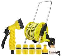 Dévidoir de tuyau d'arrosage avec roulettes, tuyau d'arrosage, raccords rapides et buse réglable, idéal pour un arrosage et un rangement faciles