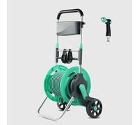 Dévidoir de tuyau rétractable avec guide intégré, buse réglable et raccords - Chariot mobile portable sur roulettes pour arroser la pelouse, le lavage de voiture, le jardin (pistolet à eau inclus