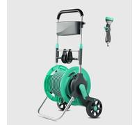 Dévidoir de tuyau rétractable avec guide intégré et buse réglable, design mobile sur roulettes pour arroser la pelouse et laver la voiture - Chariot portable (pistolet à eau et tuyau de 3,25 m inclus)