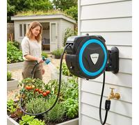 Outsunny Enrouleur Tuyau Arrosage Mural Automatique 14+1,5m - Dévidoir Automatique Pistolet d'Arrosage 10+2 Modes - Solution d'Irrigation Rétractable et Flexible pour Jardin, Nettoyage Voiture, Bleu