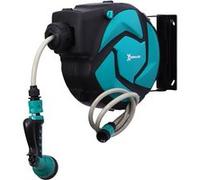 DURHAND Dévidoir Mural Enrouleur Automatique Pivotant 180° Tuyau 10 + 1 m avec Lance Arrosage Support Mural Intégré Turquoise Noir