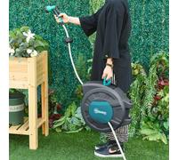 Outsunny Enrouleur tuyau d'arrosage automatique pivotant 180° 15+1,4 m Support mural Turquoise/Gris