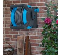 Enrouleur de tuyau pour montage mural, enrouleur de tuyau d'eau avec tuyau de 15 m, en plastique, raccords à dégagement rapide, bleu gris