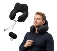 Devineresse Coussin Cervical Gonflable pour Avion avec Pompe à Main & Boîte, Soutien Cervical Surélevé 16CM, Coussin de Voyage en Tissu Frais Ice-Touch, Oreiller pour Voiture Train Bureau (Noir)