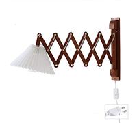 DEVINK Applique murale rétro d'intérieur en bois avec interrupteur, lampe à ciseaux à bras télescopique réglable, lampe de chevet extensible, lampe de lecture murale flexible, abat-jour en tissu E2