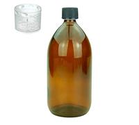 Devitre Bouteille en verre marron de 1000 ml avec couvercle, verre doseur et étiquette d'inscription