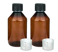 Devitre Lot de 2 bouteilles de laboratoire marron de 250 ml en PET avec sécurité enfant avec verre doseur et étiquettes