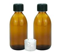 Devitre Lot de 2 bouteilles en verre marron de 250 ml avec couvercle, verre doseur et étiquettes