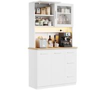 Devoko Armoire de Cuisine, Buffet Haut avec Bandes LED 3000K et Prises Intégrées, Plateau 24 mm, Étagères Réglables, 3 Tiroirs, 100 x 40 x 182 cm (Blanc Glacier)