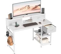 Devoko Bureau avec tiroirs avec étagère réversible, Bureau Ordinateur avec Rangement, Support pour écran, Trou pour câbles, 2 étagères réglables et tiroir inférieur, 120 x 50 cm, Blanc