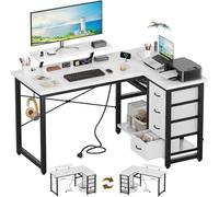 Devoko Bureau d'angle 140 x 80 cm, Bureau en L avec 4 Tiroirs,1 Port USB + 1 Port Typ-C et 2 Prise de Courant, Table Réversible avec Support d'écran pour Travail à Domicile, Blanc