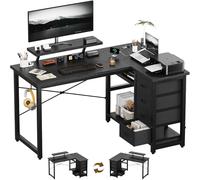 Devoko Bureau d'angle 140 x 80 cm, Bureau en L avec 4 Tiroirs,1 Port USB + 1 Port Typ-C et 2 Prise de Courant, Table Réversible avec Support d'écran pour Travail à Domicile, Noir