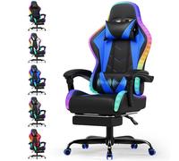 Devoko Chaise Gamer Ergonomique avec Coussin Lombaire massant, LED RGB & Repose-Pieds - Réglage Complet Dossier & Hauteur - Fauteuil Confort 180 kg - Bleu