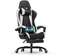 Devoko Chaise Gaming Ergonomique avec Massage Lombaire, Siège Gamer Inclinable 135°, Repose-Pieds, Appui-Tête Réglable, Fauteuil Gaming Adulte en Similicuir, Chaise Bureau Gaming Confortable, Blanc