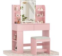 Devoko Coiffeuse avec Miroir LED et Tabouret, Luminosité Réglable, 90x40x135cm, Table de Maquillage avec 2 Grand Tiroirs, 4 Étagères et Rangement Latéral, Coiffeuse Moderne pour Fille (Rose, 90cm)