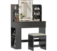 Devoko Coiffeuse avec Miroir LED et Tabouret, Luminosité Réglable, 90x40x135cm, Table de Maquillage avec 2 Grand Tiroirs, 4 Étagères et Rangement Latéral, Coiffeuse Moderne pour Fille (Noir, 90cm)