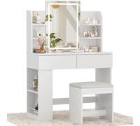 Devoko Coiffeuse avec Miroir LED et Tabouret, Luminosité Réglable, 90x40x135cm, Table de Maquillage avec 2 Grand Tiroirs, 4 Étagères et Rangement Latéral, Coiffeuse Moderne pour Fille (Blanc, 90cm)