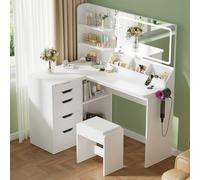 Devoko Coiffeuse avec Miroir LED et Tabouret, Table de Maquillage en Forme de L Dotée de Prises, 5 Tiroirs, Étagères Ouvertes et Support pour Sèche-Cheveux, Espace de Rangement Spacieux (Blanc)