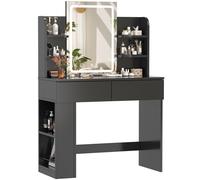 Devoko Coiffeuse avec Miroir LED, Luminosité Réglable, 90x40x135cm, Table de Maquillage avec 2 Grand Tiroirs, 4 Étagères et Rangement Latéral, Coiffeuse Moderne pour Fille (Noir)