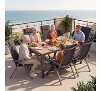 Devoko Ensemble de Table et Chaises de Jardin 7 Pièces, Composé Table 150 cm en Aluminium et 6 Chaises Pliantes, Table de Jardin avec Finition à Veine de Bois et Chaises de Terrasse, Balcon, Naturel
