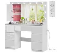 Devoko Grande Coiffeuse à Blanc Haute Brillance avec Miroir et Prise, 12 Ampoules LED à Luminosité Réglable, Table de Maquillage avec Espace de Rangement, 7 Tiroirs, Stockage pour Bijoux