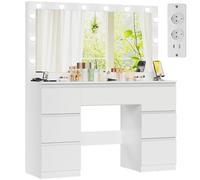 Devoko Grande Coiffeuse avec Miroir et Prise, 12 Ampoules LED à Luminosité Réglable, Table de Maquillage avec Espace de Rangement, 7 Tiroirs, Stockage pour Bijoux, Meuble Moderne pour Chambre