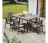 Devoko HDPS Salon de Jardin Exterieur 7 Pièces, Résistance aux Intempéries Ensemble 150 cm Table et 6 Chaise de Jardin Exterieur Aluminium, Finition Grain de Bois et Facile d'entretien(Gris)