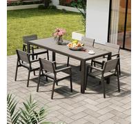 Devoko HDPS Salon de Jardin Exterieur 7 Pièces, Résistance aux Intempéries Ensemble 189 cm Table et 6 Chaise de Jardin Exterieur Aluminium, Finition Grain de Bois et Facile d'entretien(Gris)