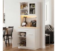 Devoko Meuble de Cuisine avec Plan de Travail et Prise électrique, Buffet LED Fermeture Douce, Placard de Rangement Hauteur réglable avec Dos renforcé (Blanc)