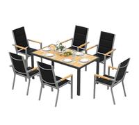 Devoko Salon de Jardin Exterieur 6 Personnes, HDPS Table de 150 cm et 6 Chaises Empilable d'Extérieur en Aluminium Durable, Design à Veine de Bois, Idéal pour Cour, Terrasse ou Bord de Piscine,Naturel