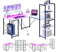 Devoko Table de jeu en forme de L avec LED, bureau avec étagère, table de bureau avec port de charge USB et prise, bureau d'angle avec support pour moniteur, 140 x 140 cm (blanc)