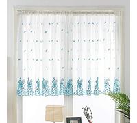 Devola Pastorale Art Rideau brise-bise transparent avec motif paon brodé pour la vie privée - 100 x 90 cm - Bleu - 1 pièce