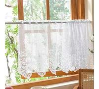 Devola Rideau brise-bise jacquard en dentelle - Court - Style maison de campagne - Motif floral - Petit rideau de cuisine - Avec barre perforée - H x l : 60 x 120 cm - Blanc - 1 pièce