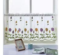 Devola Rideau brise-bise moderne - Style maison de campagne - Motif floral - Brodé - Transparent - Petit rideau de fenêtre - Rideau court - H x l : 45 x 150 cm - Tulipe violette