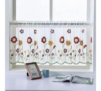 Devola Rideau brise-bise moderne style maison de campagne - Motif floral - Brodé - Transparent - Petit rideau de fenêtre moderne - H x l : 45 x 120 cm - Fleurs rouges