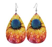 Dew Chrysanthemum Boucles d'oreilles en cuir en forme de larme pour femme - Boucles d'oreilles pendantes légères en PVC, crochets en argent 925, imprimés double face | cadeau hypoallergénique