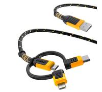 DEWALT Câble de charge multi 3-en-1 robuste, 1,8 m, charge rapide, adaptateur Lightning/Type C/Micro USB pour iPhone, Samsung Galaxy, PS, tablettes et plus