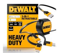 DEWALT Heavy Duty 3 en 1 Retractable Multi Charging Cord, 3ft Fast Charger Cord, Multi Charger Adapter with Lightning/Type C/Micro USB Port for iPhones/Samsung Galaxy/PS/Tablets/More