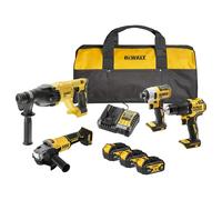 DEWALT Kit Combiné 18V 4 Outils (Perceuse à Percussion Compacte, Visseuse à Impact, Marteau Rotatif SDS-Plus 18V, Meuleuse d’Angle 125mm) avec 3 Batteries 4Ah dans Sac Souple, DCK424M3-QW