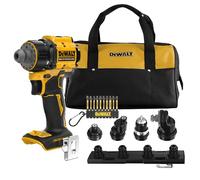 DEWALT Perceuse-visseuse multi-têtes 18V XR, 4 têtes, DCD803KN-XJ | Perceuse-visseuse multi-têtes DEWALT 18V XR compacte avec 4 têtes interchangeables, moteur Brushless et couple de 73 Nm.