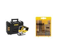 DEWALT Scie Sauteuse Brushless XR 18V Li-ion, avec Coffret TSTAK et Éclairage LED, Courses à Vide 3200tr/min, Coupe Bois 135mm / Acier 10mm, DCS334NT-XJ + DEWALT Lame de Scie Set 10pcs, DT2294-QZ