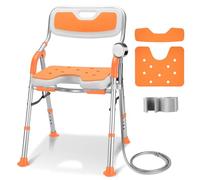 DEWEL Chaise de Douche Pliable avec Dossier et Accoudoir, Hauteur Réglable, Siège de Douche Antidérapant avec Support de Douche - Montage Aans Outil, Capacité de Charge de 150 kg (Orange-N)