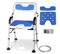 DEWEL Chaise de Douche Pliable avec Dossier et Accoudoir, Hauteur Réglable, Siège de Douche Antidérapant avec Support de Douche - Montage Aans Outil, Capacité de Charge de 150 kg (Bleu)