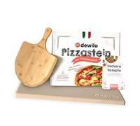 dewilo Pierre à pizza + pelle à pizza pour four et barbecue : pierre à pizza carrée (rectangulaire) en cordiérite + livret de recettes - La plaque en pierre pour une pizza croustillante comme au four